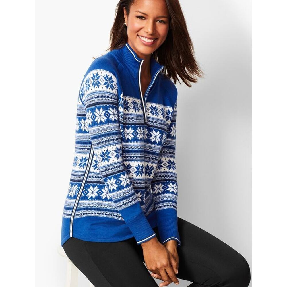 Talbots Blue‎ White Slowflake Striped 1/2 Zip Soft Winter Sweater Size Medium